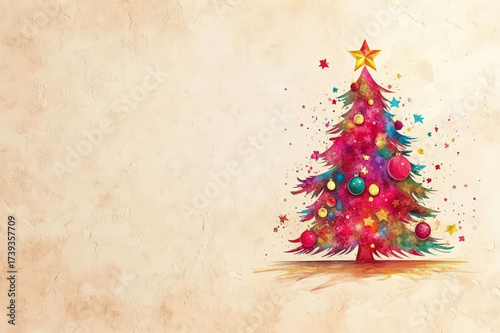 Watercolor Christmas Tree with Ornaments and Accents in Soft Winter Scene, space for text, christmas card