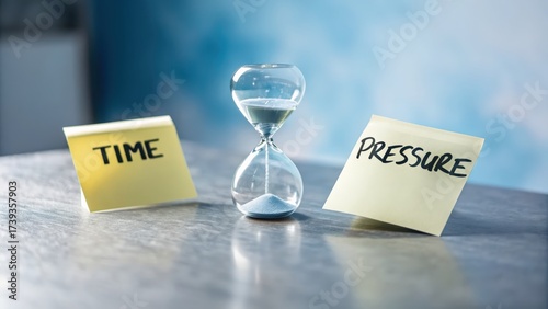 Hourglass symbolizing time and pressure with post it notes for conceptual representation