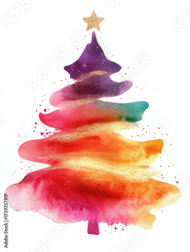 colorful watercolor christmas tree, christmas postcard