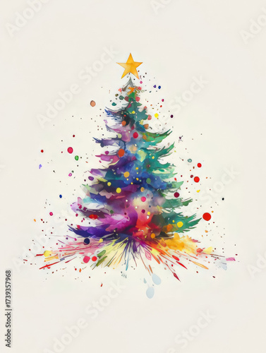 Watercolor Christmas Tree with Ornaments and Accents in Soft Winter Scene, space for text, christmas card