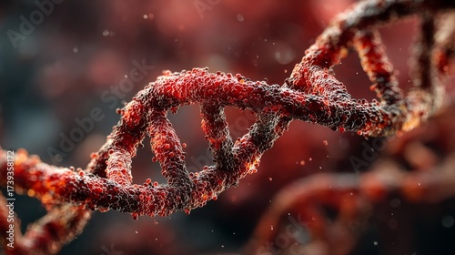Close-up of glowing DNA double helix strand on red background in medical concept.