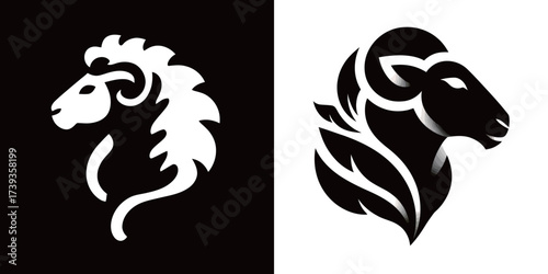 Two striking illustrations feature a lion on a black background and a ram on a white background, emphasizing their detailed and stylized characteristics.