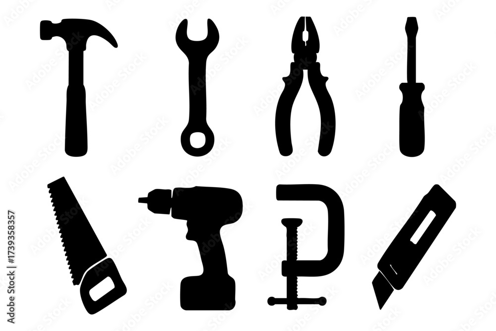 Obraz premium Tools and repair silhouette icon set – construction, maintenance, handyman symbols