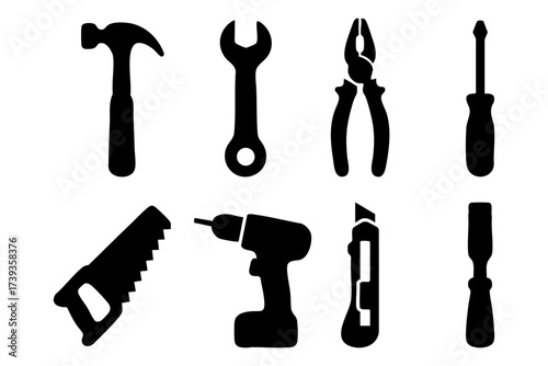 Tools and repair silhouette icon set – construction, maintenance, handyman symbols