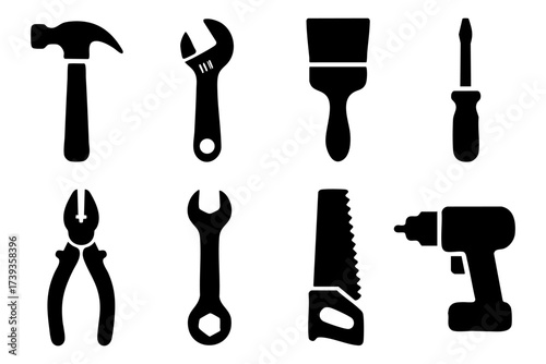 Tools and repair silhouette icon set – construction, maintenance, handyman symbols