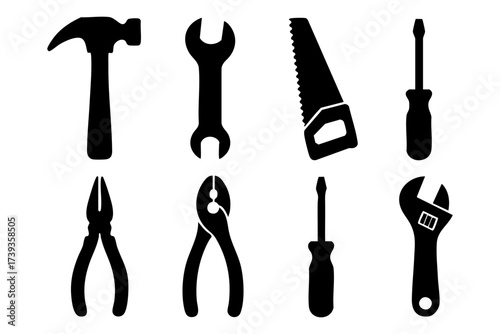 Tools and repair silhouette icon set – construction, maintenance, handyman symbols