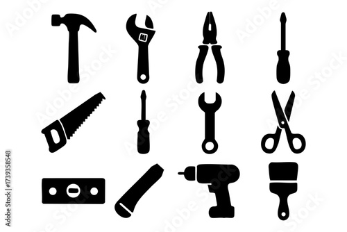 Tools and repair silhouette icon set – construction, maintenance, handyman symbols