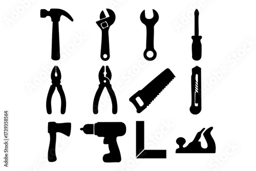 Tools and repair silhouette icon set – construction, maintenance, handyman symbols