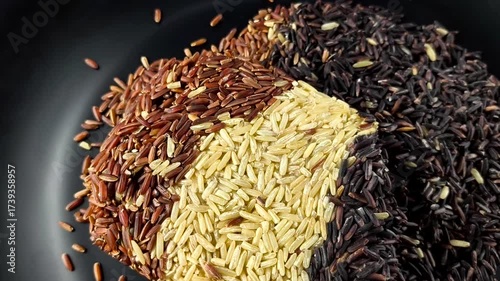 Pile of rice berry, brown rice and red cargo rice, in door Chiangmai Thailand. 