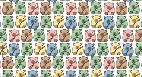 A playful repeating pattern features cute, colorful wombat illustrations each holding a cattail, set against a clean white background.