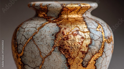 Ancient ceramic vase repaired with golden kintsugi technique close up