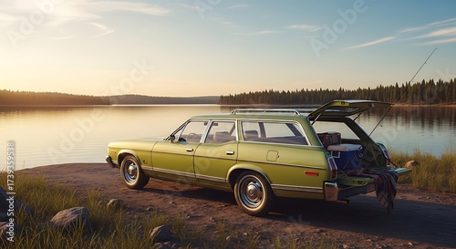 Vintage Station Wagon by a Serene Lake at Sunset.
