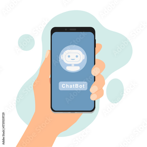 hand holding smartphone with online chatbot support, AI chat bot assistant in smartphone, artificial intelligence reply to question