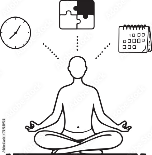 Black and white vector illustration of meditating figure with icons for time, planning, and cognitive focus