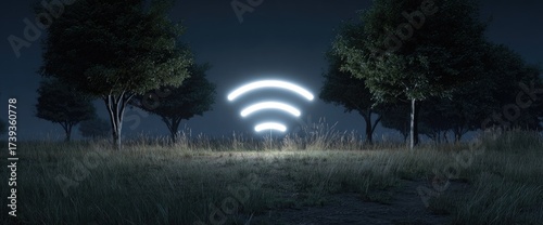 A tranquil landscape features trees framing a glowing wifi symbol in a dark sky above grassy terrain