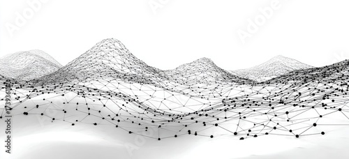Abstract black and white 3D rendering of interconnected dots and lines forming a mountainous landscape