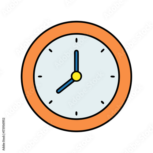 Wall clock with orange frame and blue hands on transparent  background  