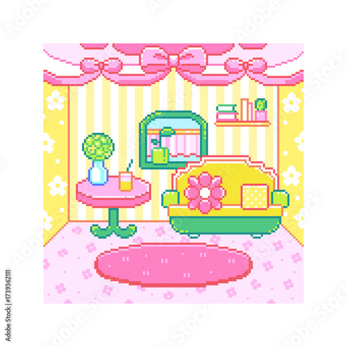 Pixel Art Pastel Living Room Background. Kawaii Interior with Bow Drapes, Striped Wallpaper, Green Sofa and Flower Cushion, Round Pink Rug, Small Table with Vase and Juice, Shelf with Books.