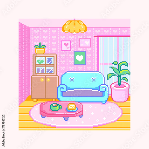 Pixel Art Cozy Pastel Lounge Background. Retro 8-Bit Living Room Interior with Blue Sofa, Heart Pattern Wallpaper, Pendant Lamp, Cabinet and Potted Plant, Oval Rug and Low Table with Tea and Pudding 