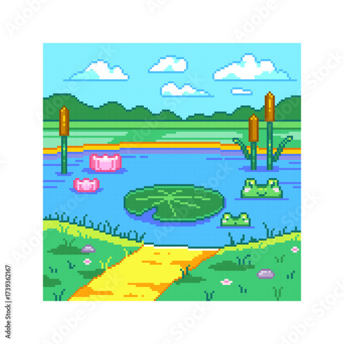 Pixel Art Pond Landscape Background. Retro 8-Bit Nature Scene with Frogs, Lily Pad and Water Lilies, Cattails and Reeds, Grassy Shore and Stone Path, Distant Hills, Blue Sky and Clouds.