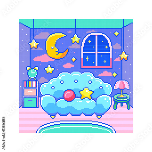 Pixel Art Dreamy Night Room Background. Kawaii 8-Bit Interior with Crescent Moon and Hanging Stars, Arched Window to Starry Sky, Puffy Blue Sofa with Cushions, Bedside Lamp and Clock.