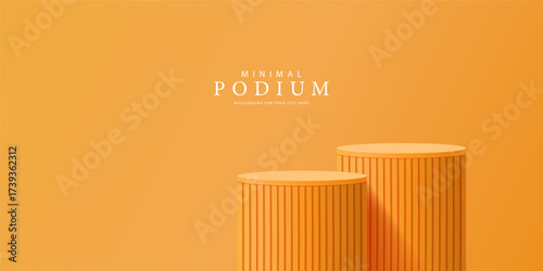 3D product Minimal display stand. Orange color cylinder stand podium on a orange background. Abstract geometric shapes in a simple design. Fashion stage mockup scene. Studio product display stand.