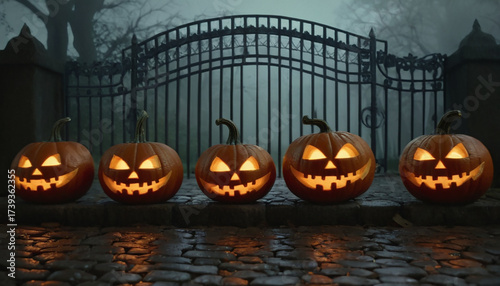 Cancello della Tenuta Spettrale con Zucche Intagliate di Halloween.