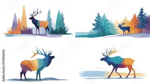 A group of stylized deer stand in a colorful landscape filled with trees and gentle hills, creating a serene and artistic atmosphere. The vibrant colors enhance the scene.