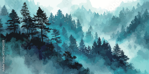 Layers of evergreen trees rise through a dense mist, creating a serene landscape. Soft hues of blue and gray blend as dawn breaks in this peaceful natural setting.