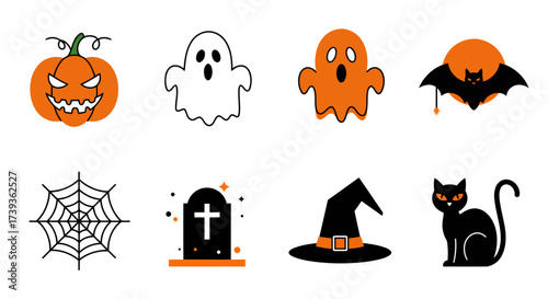 Halloween icons set pumpkin ghost bat spider web tombstone and cat