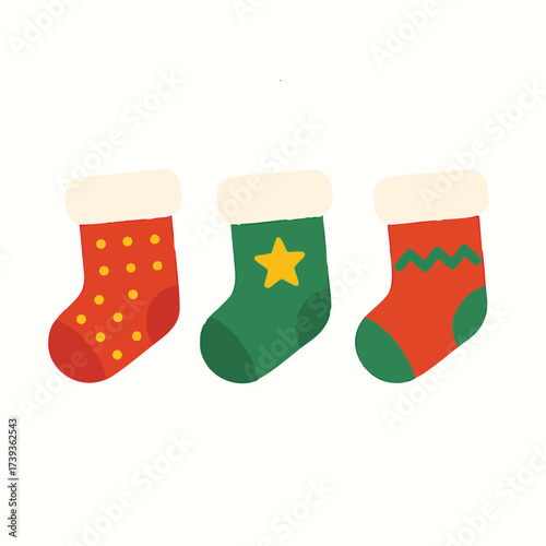 Christmas Stockings Trio with Simple Patterns and Hanging Loops, Flat Vector Illustration Isolated on White Background