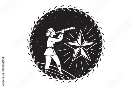 Contemplating the Cosmos A Celestial Voyage of Discovery Amidst Twinkling Stars and Verdant Foliage An Enigmatic Figure Gazes Through a Telescope Illuminating the Depths of the Night Sky and Unveiling