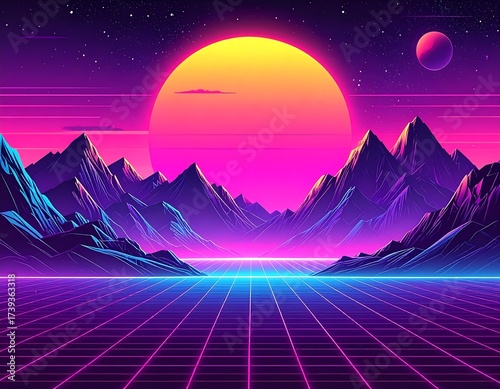 Immerse yourself in this vibrant retro landscape, perfect for futuristic designs and nostalgic vibes, evoking a sense of adventure and exploration
