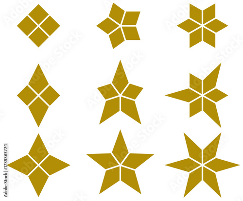 Gold geometric star vector set with 4 5 6 points
