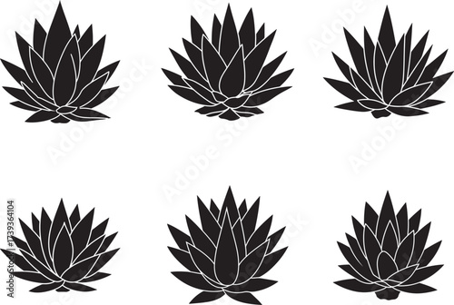 Collection of six black silhouette agave plants with a textured distressed effect