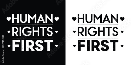 Human rights first text with heart symbols, presented in both black and white versions for versatile graphic design applications