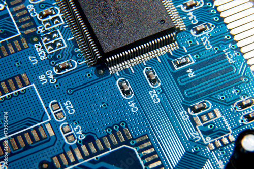 blue electronic printed circuit board with assembled radio components