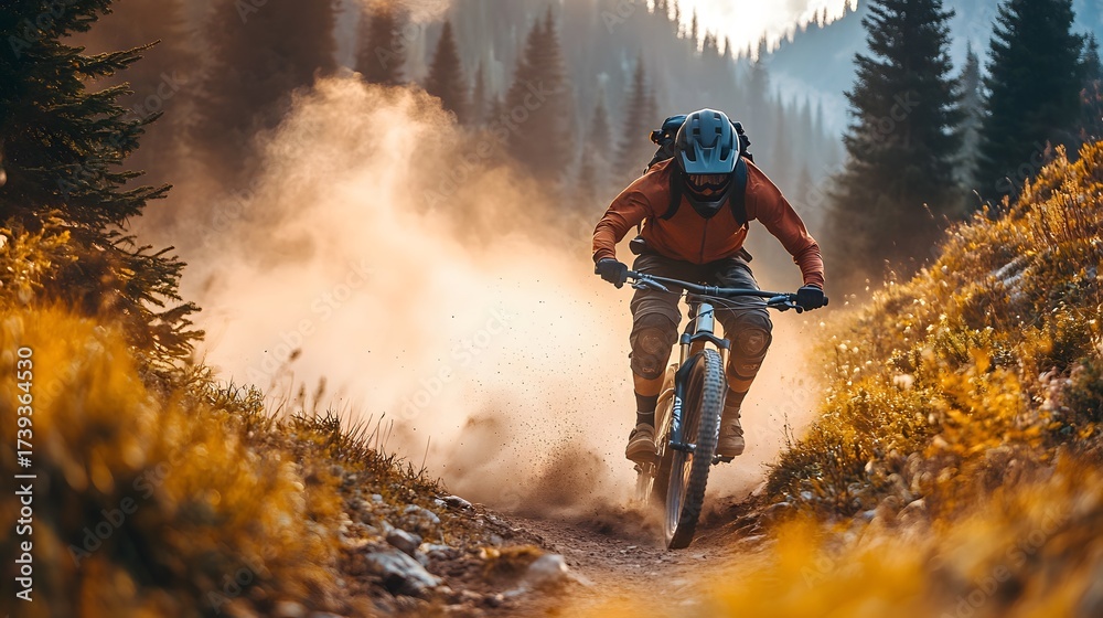 Naklejka premium Mountain biker races through a forest trail surrounded by dust and autumn foliage during sunset