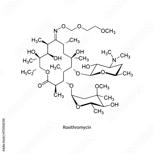 Roxithromycin molecular structure, macrolide antibiotic for respiratory and skin bacterial infections, clean scientific vector diagram, flat skeletal chemical formula isolated on white background