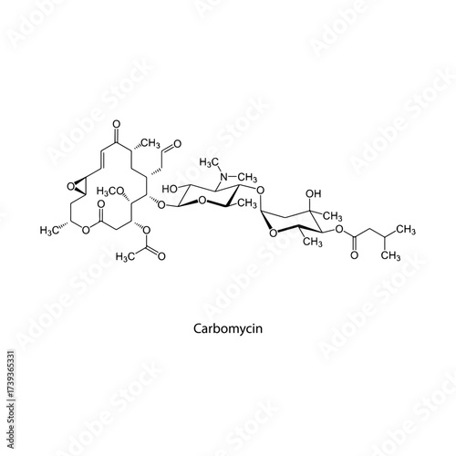 Carbomycin A molecular structure, macrolide antibiotic compound used against gram-positive bacteria, clean scientific vector diagram, flat skeletal chemical formula isolated on white background