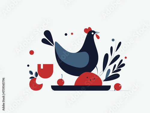A vibrant illustration features a chicken standing on a plate with colorful fruits and vegetables. The design emphasizes bold shapes and bright colors, creating a playful scene.