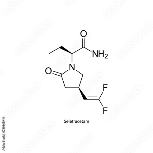 Seletracetam molecular structure, racetam class experimental anticonvulsant compound for seizure control, clean scientific vector diagram, flat skeletal chemical formula isolated on white background