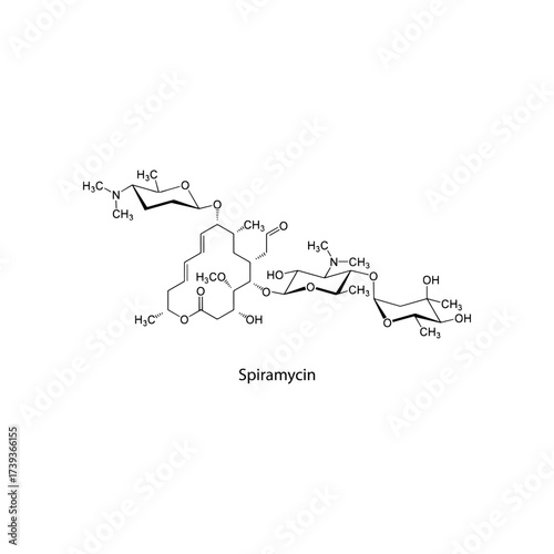 Spiramycin molecular structure, macrolide antibiotic for toxoplasmosis and bacterial infections, clean scientific vector diagram, flat skeletal chemical formula isolated on white background
