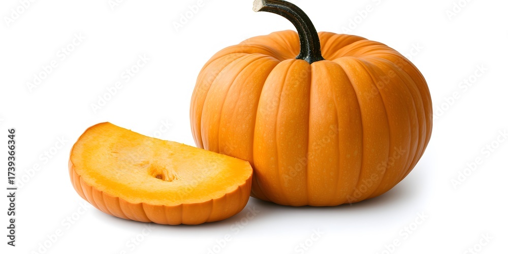 Obraz premium Fresh orange pumpkin with slice isolated on a white background, autumn harvest