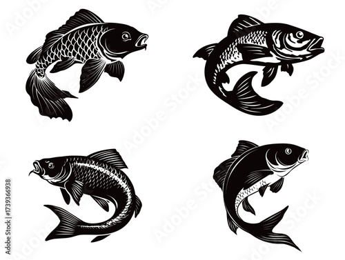 Four distinct fish designs are displayed in black and white. Each fish is depicted in different poses, showcasing unique features and details.