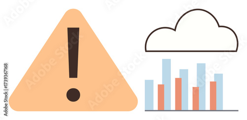 Exclamation mark in a triangle, cloud, and bar graph communicate data monitoring, risk, alert, decision-making, problem-solving, and information systems. Ideal for technology business dashboards