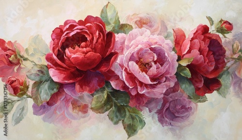 Romantic floral painting featuring vibrant red and pink roses, surrounded by lush green leaves