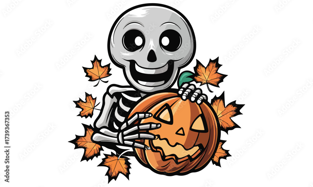 Obraz premium Cute Skeleton with Pumpkin and Autumn Leaves – Fun Halloween Illustration