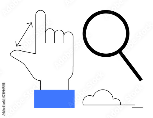 Hand motion gesture indicating scaling or zooming action, paired with a magnifying glass and a cloud. Ideal for technology, exploration, search, precision, interaction, design and innovation. A