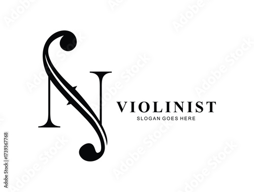 Violinist Logo Initial N Vector Illustration on White Background.